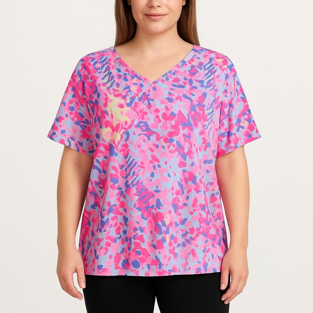 Pink Purple Floral V-Neck Blouse Women’s Size M Short Sleeve Flowy Top